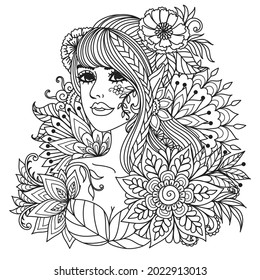 Fairy girl with mandala flowers for coloring book, print on product, laser engraving and so on. Vector illustration