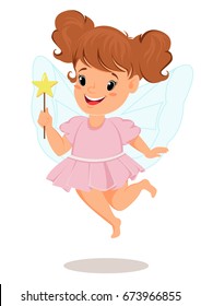 Fairy girl in pink dress with magic wand. Cute little child, cartoon character â?? stock vector