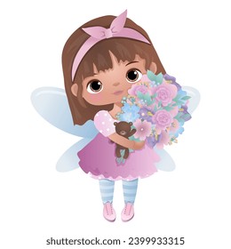 Fairy girl. Princess girl. Cute girl with flowers. Little angel, butterfly. Vector illustration isolated white background. Baby doll. Sweet. Greeting card, birthday, print design. Baby shower party