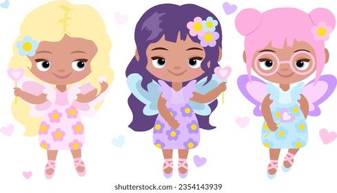 Fairy girl set. Cute girl collection. Cartoon funny little girl with wings. Doll, toy. Purple, pink, blonde hair . Fashion girl with flowers. Princess. Greeting card, pattern, baby print