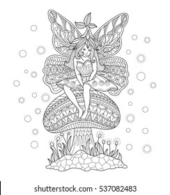 Fairy girl sitting on the mushroom. Zentangle stylized cartoon isolated on white background. Hand drawn sketch illustration for adult coloring book, T-shirt emblem, logo or tattoo, design elements.