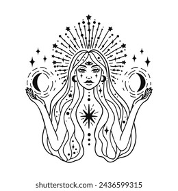 Fairy girl with space hair. Astrology concept, fortune tellers, predictions. Logo vector illustration. Witchcraft, spirituality. Coloring book