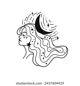 Fairy girl with space hair. Astrology and astronomy Business concept, fortune tellers, predictions, horoscope. Logo vector illustration. Witchcraft, spirituality. Coloring book