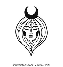 Fairy girl with space hair. Astrology concept, fortune tellers, predictions. Logo vector illustration. Witchcraft, spirituality. Coloring book