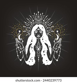 Fairy girl with space hair. Astrology concept, fortune tellers, predictions. Logo vector illustration. Witchcraft, spirituality.