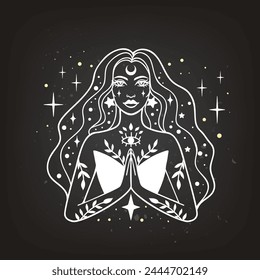 Fairy girl with space hair. Astrology and astronomy Business concept, fortune tellers, predictions, horoscope. Logo vector illustration. Witchcraft, spirituality.Monochrome