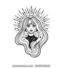 Fairy girl with space hair. Astrology and astronomy Business concept, fortune tellers, predictions, horoscope. Logo vector illustration. Witchcraft, spirituality. Coloring book