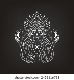 Fairy girl with space hair. Astrology and astronomy Business concept, fortune tellers, predictions, horoscope. Logo vector illustration. Witchcraft, spirituality.Monochrome