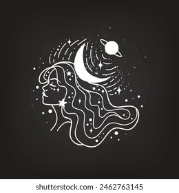 Feenmädchen mit Weltraumhaar. Astrologie und Astronomie Geschäftskonzept, Wahrsager, Vorhersagen, Horoskop. Logo-Vektorillustration. Hexerei, Spiritualität. Monochrom