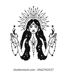 Feenmädchen mit Weltraumhaar. Astrologie und Astronomie Geschäftskonzept, Wahrsager, Vorhersagen, Horoskop. Logo-Vektorillustration. Hexerei, Spiritualität. Malbuch