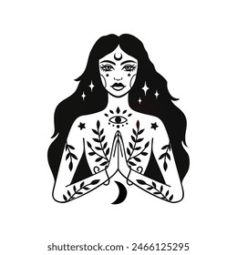 Fairy girl with space hair. Astrology and astronomy Business concept, fortune tellers, predictions, horoscope. Logo vector illustration. Witchcraft, spirituality. Coloring book