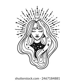 Fairy girl with space hair. Astrology and astronomy Business concept, fortune tellers, predictions, horoscope. Logo vector illustration. Witchcraft, spirituality. Coloring book