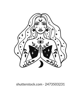 Fairy girl with space hair. Astrology concept, fortune tellers, predictions. Logo vector illustration. Witchcraft, spirituality. Coloring book