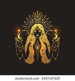 Fairy girl with space hair golden color. Astrology concept, fortune tellers, predictions. Logo vector illustration. Witchcraft, spirituality.