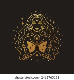 Fairy girl with space hair golden color. Astrology concept, fortune tellers, predictions. Logo vector illustration. Witchcraft, spirituality.