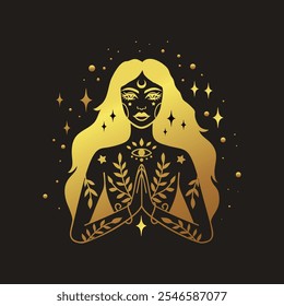 Fairy girl with space hair golden color. Astrology concept, fortune tellers, predictions. Logo vector illustration. Witchcraft, spirituality.