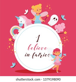 Fairy girl vector magic faery character and fantasy beautiful princess cartoon unicorn of fairy-tale in fairyland rainbow backdrop illustration girlie pixy with magic wings background.