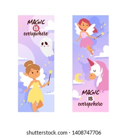 Fairy girl vector magic faery character and fantasy beautiful princess cartoon unicorn of fairy-tale in fairyland backdrop illustration fairyism set of girlie faerie pixy with magic wings background.