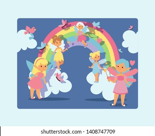 Fairy girl vector magic faery character and fantasy beautiful princess cartoon unicorn of fairy-tale in rainbow fairyland backdrop illustration of girlie faerie pixy with magic wings background.