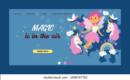 Fairy girl vector web landing page magic faery character and fantasy beautiful princess cartoon unicorn of fairy-tale in fairyland rainbow backdrop web-page illustration background.