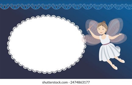 Fairy girl in a white dress with wings and a magic wand on a blue background, with a white lace background for the inscription
