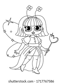  Fairy girl with wings and a magic wand. Fashionable popular toy. Black outline on a white isolated background. Vector and illustration.