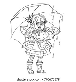 Fairy girl with wings in raincoat is standing under an umbrella outlined isolated on a white background