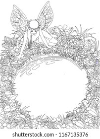 Fairy girl with wings seated near the round pond bordered by dewed plants and flowers. Linear drawing for coloring book. Vector Illustration