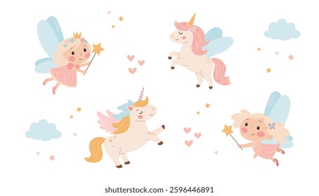 Fairy girls and unicorns. Cute fairytale unicorns with wings, hearts and stars. Vector illustration in children's style on a white background