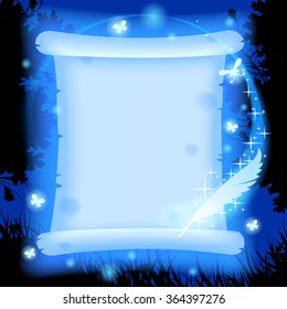 Fairy glowing in blue light parchment with luminescent butterflies and magic pen against a background of forest in night. Vector illustration