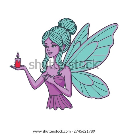 Fairy with glowing red potion bottle in hand standing gracefully in magical setting