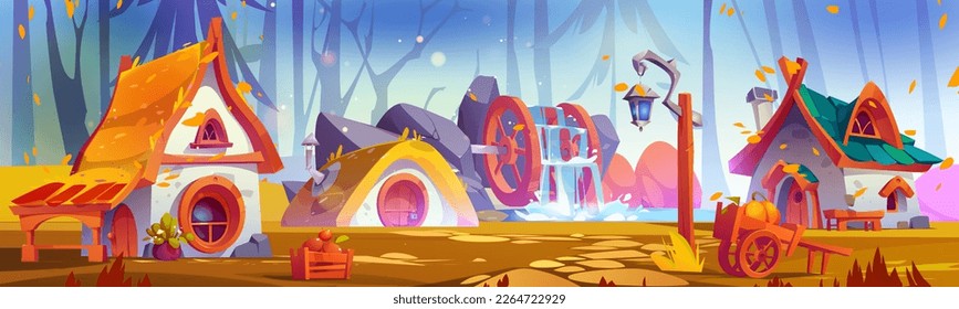 Fairy gnome hut in autumn forest with falling leaves cartoon background. Small fantasy gnome house with chimney for game vector landscape illustration. Cute countryside on meadow with waterfall.