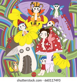 Fairy gnomes. Fairies with wings. Forest with magic mushrooms. Fantastic, fictional characters in costumes. Small city. Freehand sketch. Bright, cartoon illustration.