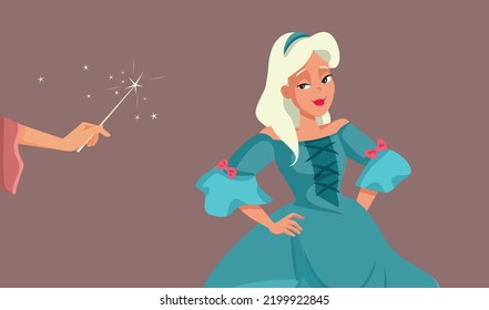 
Fairy Godmutter Zauberspruch auf Prinzessin Vektorgrafik. Happy Mädchen, die ein Geschenk von einer guten Hexe, die ihren Wunsch gibt 
