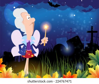 Fairy godmother with magic wand in the cemetery. Halloween night scene