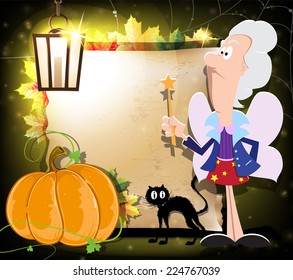 Fairy godmother with a magic wand, pumpkin and black cat on a background of an old  paper scroll