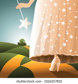 Fairy godmother on the road to the green city. EPS10 vector illustration.