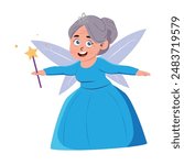 fairy godmother, vector illustration of an elderly woman in a fairy outfit. white isolated background.
