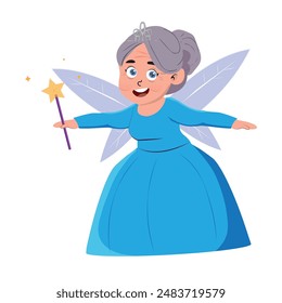 fairy godmother, vector illustration of an elderly woman in a fairy outfit. white isolated background.