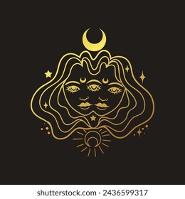 Fairy gold girl with space hair. Astrology and astronomy Business concept, Gemini zodiac, horoscope. Logo vector illustration. Coloring book