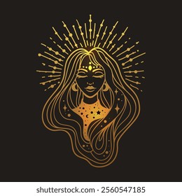 Fairy gold girl with space hair. Astrology and astronomy Business concept, fortune tellers, predictions, horoscope. Logo vector illustration. Witchcraft, spirituality. Coloring book