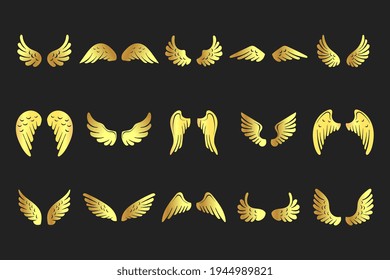 Fairy gold silhouette wings set on black background. Collection hand drawn angel wings 