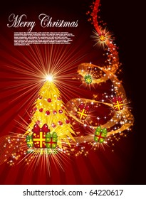 Fairy golden christmas tree with gifts on a dark red background. Vector eps10 illustration