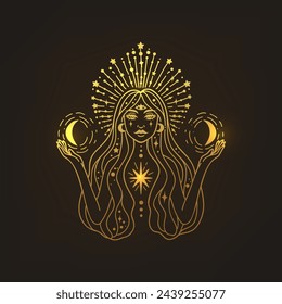 Fairy golden girl with space hair. Astrology and astronomy Business concept, fortune tellers, predictions, horoscope. Logo vector illustration. Witchcraft, spirituality.