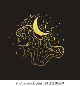 Fairy golden girl with space hair. Astrology and astronomy Business concept, fortune tellers, predictions, horoscope. Logo vector illustration. Witchcraft, spirituality.