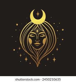 Fairy golden girl with space hair. Astrology and astronomy Business concept, fortune tellers, predictions, horoscope. Logo vector illustration. Witchcraft, spirituality.