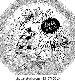 fairy goldfish zen art doodle vector illustration with lettering. make a wish.  Underwater world with octopus, coral, sea plants, jellyfish and sea garland