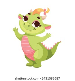 Fairy Green Baby Dragon as Horned Legendary Creature Vector Illustration