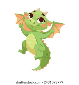 Fairy Green Baby Dragon as Horned Legendary Creature Vector Illustration