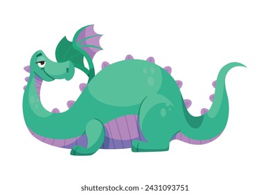 Fairy Green Dragon as Horned Legendary Creature with Wings Vector Illustration